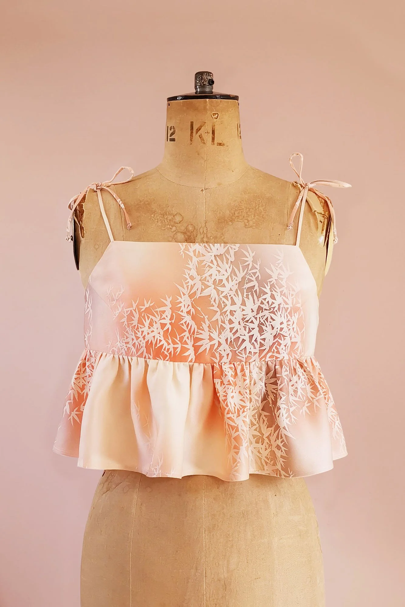 Light Pink Leaf Print Vintage Kimono Made Into A Cute Strappy Top